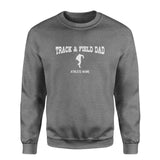 shot put dad with shot putter icon and shot putter name on a sweatshirt with a white graphic