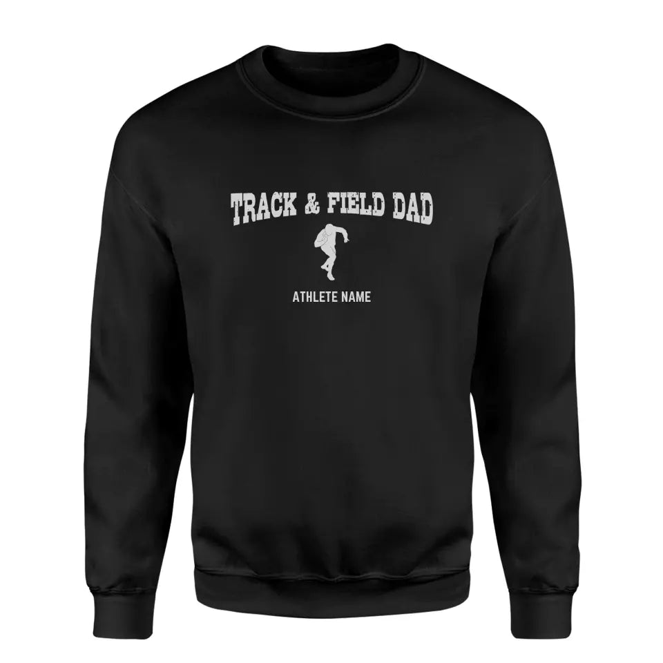 shot put dad with shot putter icon and shot putter name on a sweatshirt with a white graphic