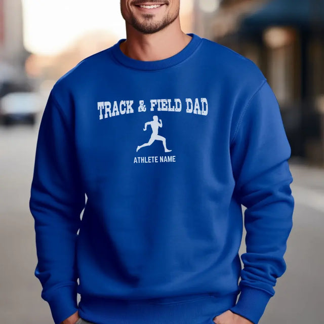 sprint dad with sprinter icon and sprinter name on a sweatshirt with a white graphic