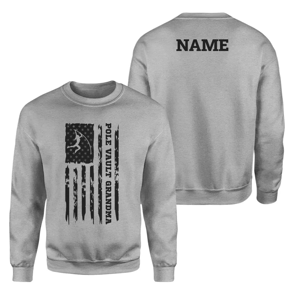 pole vault grandma vertical flag with pole vaulter name on a sweatshirt with a black graphic