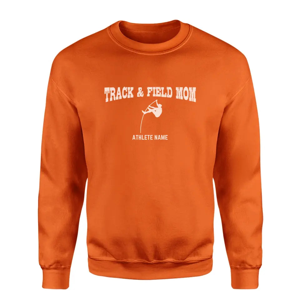 pole vault mom with pole vaulter icon and pole vaulter name on a sweatshirt with a white graphic