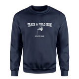 pole vault mom with pole vaulter icon and pole vaulter name on a sweatshirt with a white graphic