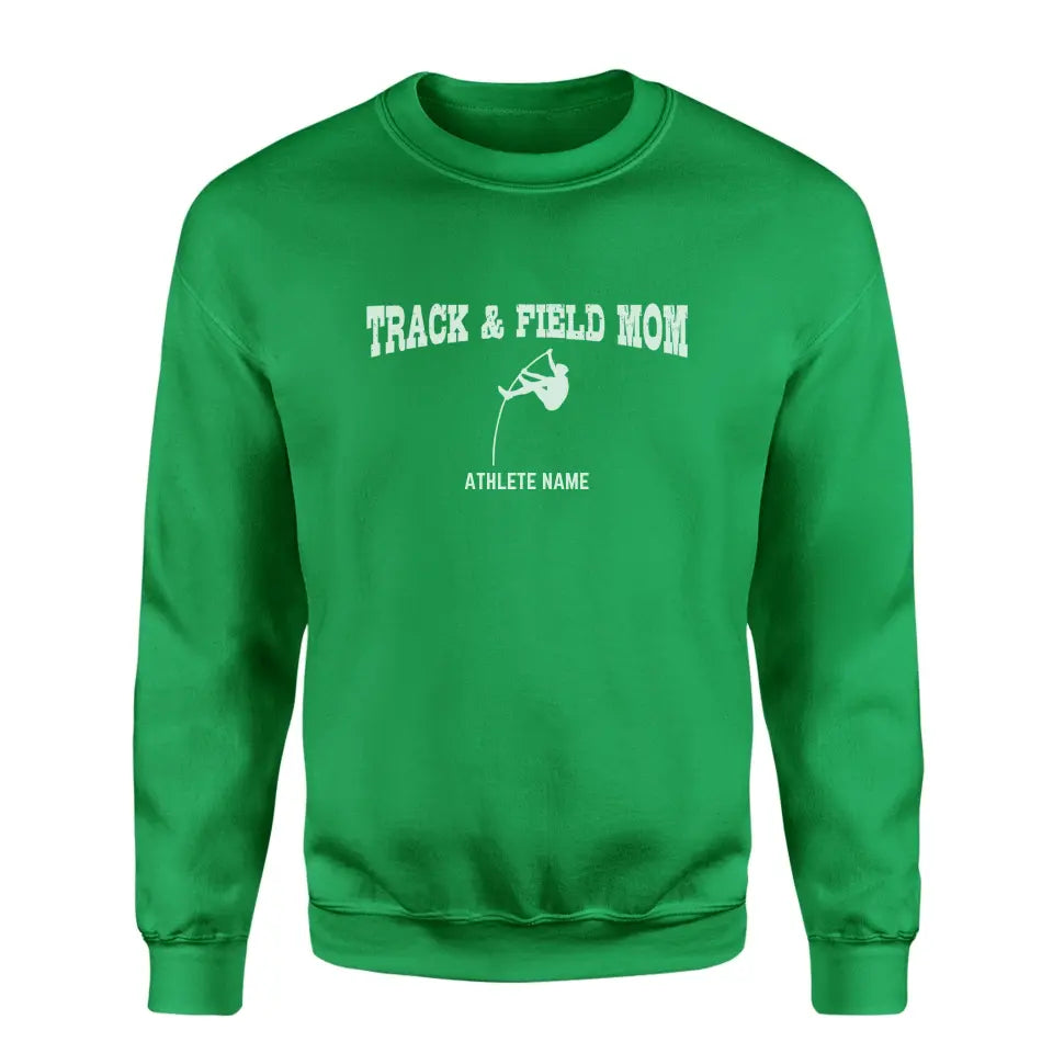 pole vault mom with pole vaulter icon and pole vaulter name on a sweatshirt with a white graphic