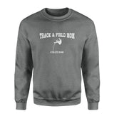 pole vault mom with pole vaulter icon and pole vaulter name on a sweatshirt with a white graphic