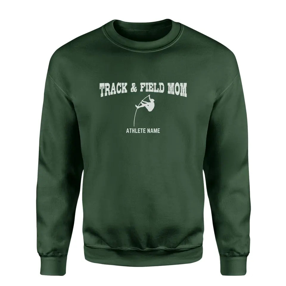 pole vault mom with pole vaulter icon and pole vaulter name on a sweatshirt with a white graphic