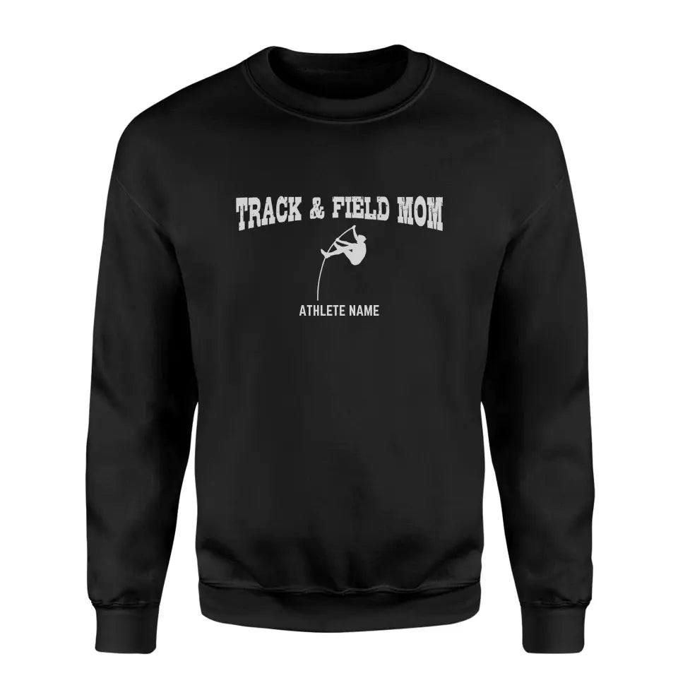 pole vault mom with pole vaulter icon and pole vaulter name on a sweatshirt with a white graphic