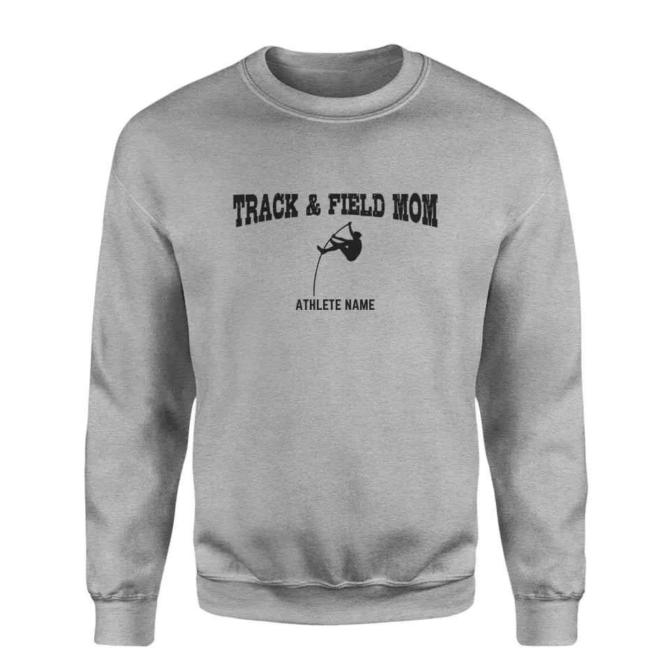 pole vault mom with pole vaulter icon and pole vaulter name on a sweatshirt with a black graphic