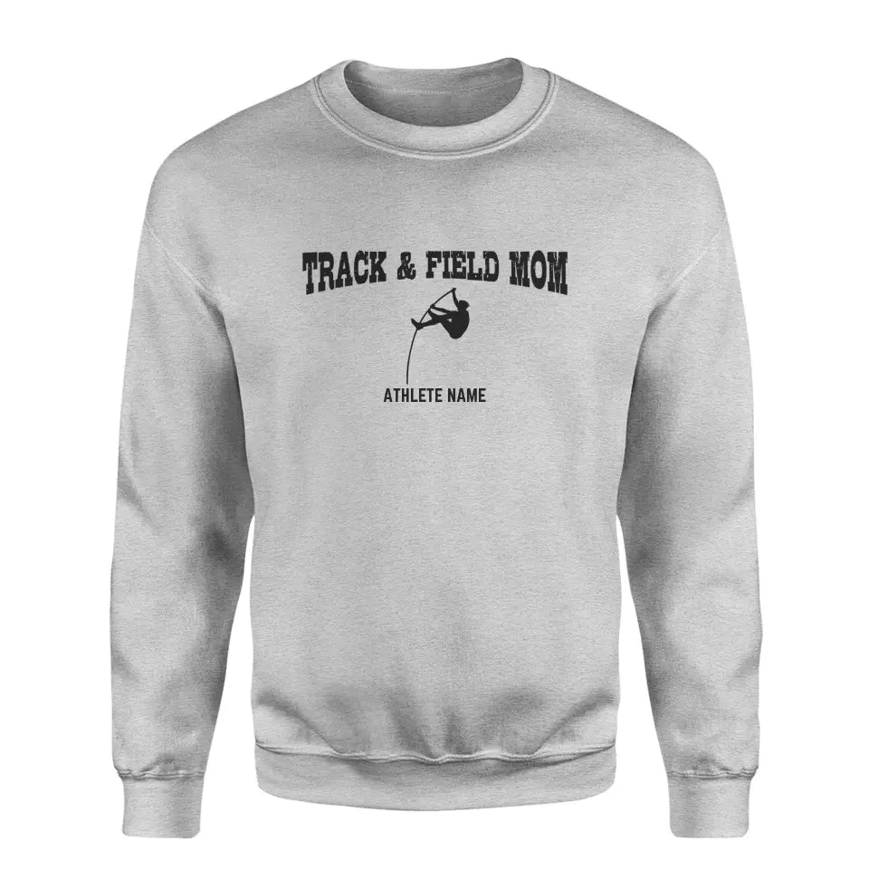 pole vault mom with pole vaulter icon and pole vaulter name on a sweatshirt with a black graphic