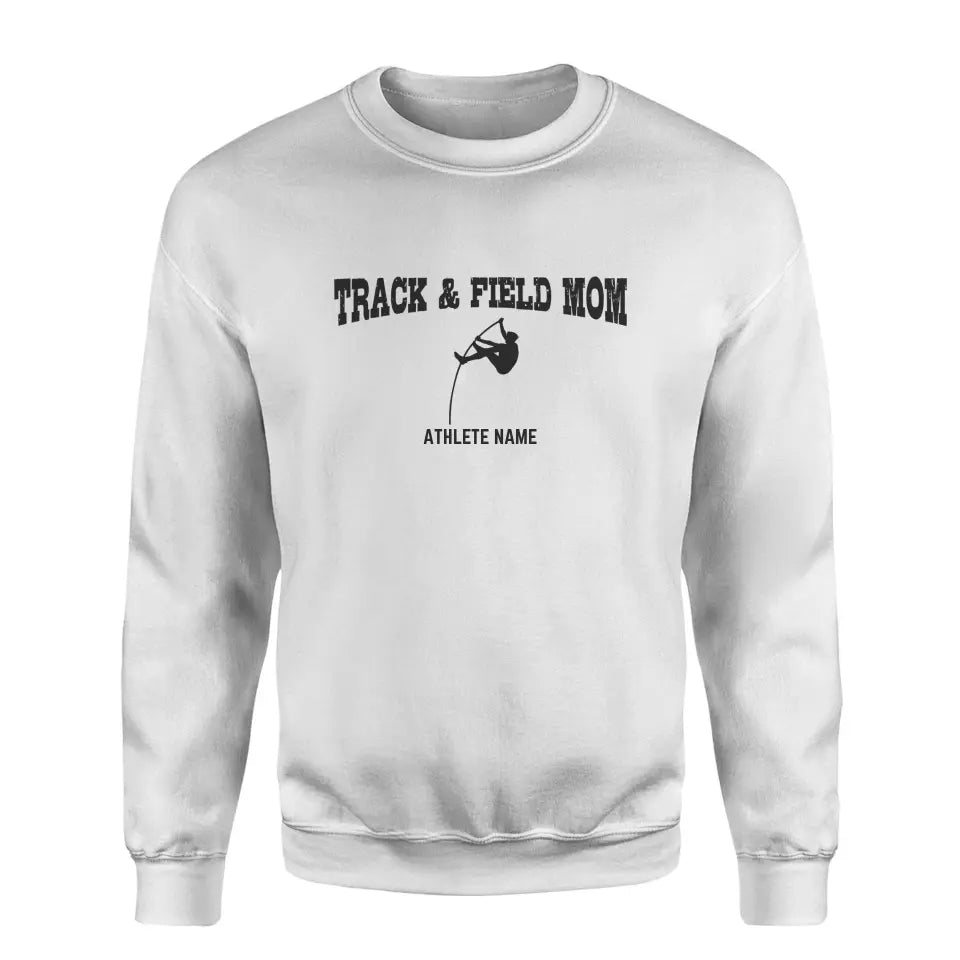 pole vault mom with pole vaulter icon and pole vaulter name on a sweatshirt with a black graphic