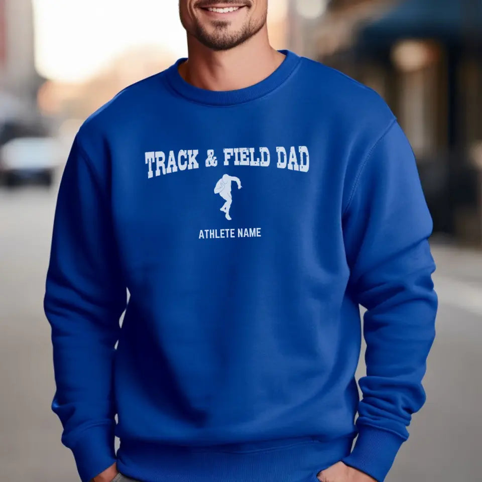 shot put dad with shot putter icon and shot putter name on a sweatshirt with a white graphic