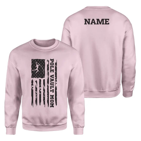 pole vault mom vertical flag with pole vaulter name on a sweatshirt with a black graphic