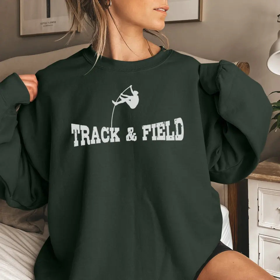 basic pole vault with pole vaulter icon on a sweatshirt with a white graphic