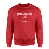 pole vault dad with pole vaulter icon and pole vaulter name on a sweatshirt with a white graphic