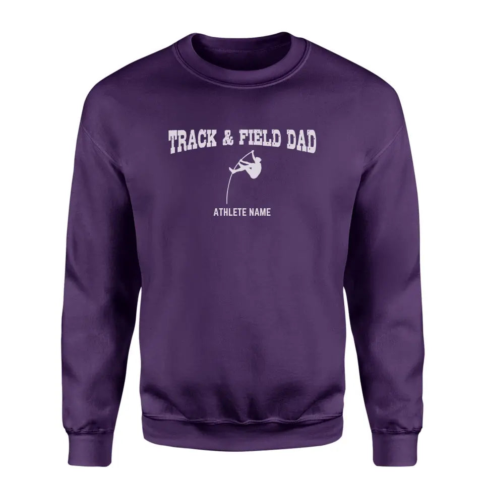 pole vault dad with pole vaulter icon and pole vaulter name on a sweatshirt with a white graphic