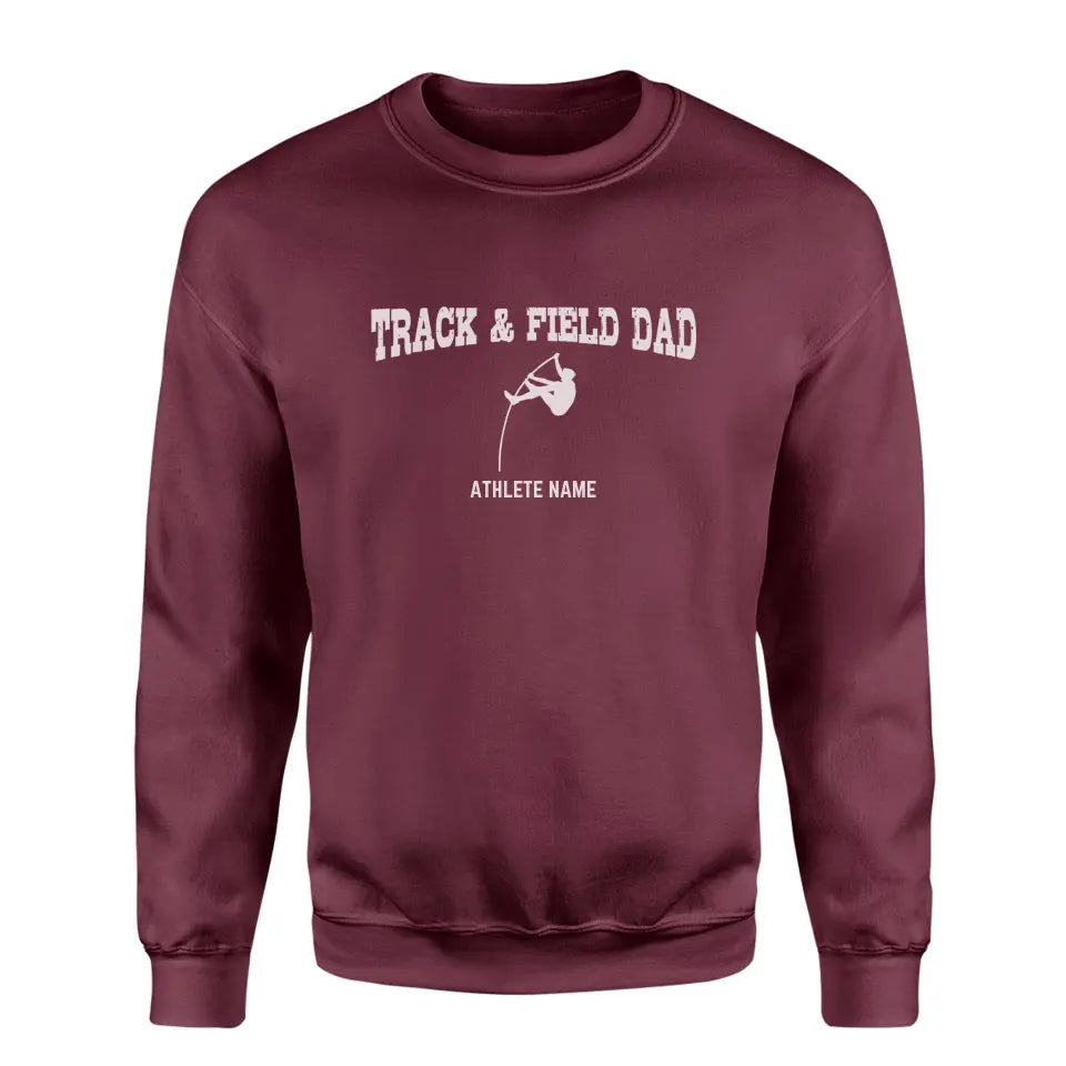 pole vault dad with pole vaulter icon and pole vaulter name on a sweatshirt with a white graphic