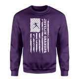 Javelin Grandpa Vertical Flag on a Sweatshirt with a White Graphic