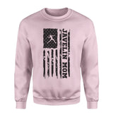 javelin mom vertical flag on a sweatshirt with a black graphic