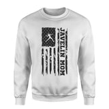 javelin mom vertical flag on a sweatshirt with a black graphic