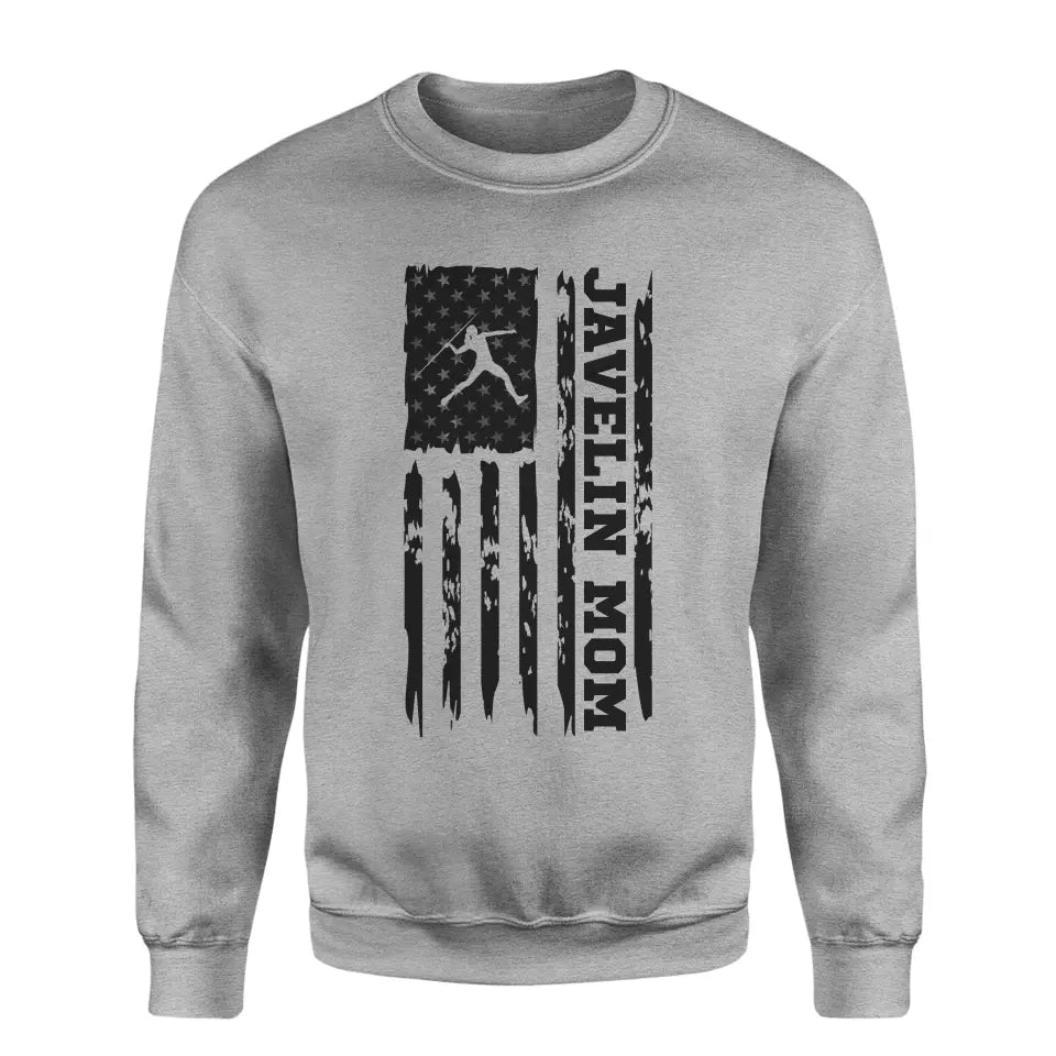 javelin mom vertical flag on a sweatshirt with a black graphic