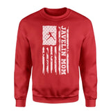 javelin mom vertical flag on a sweatshirt with a white graphic