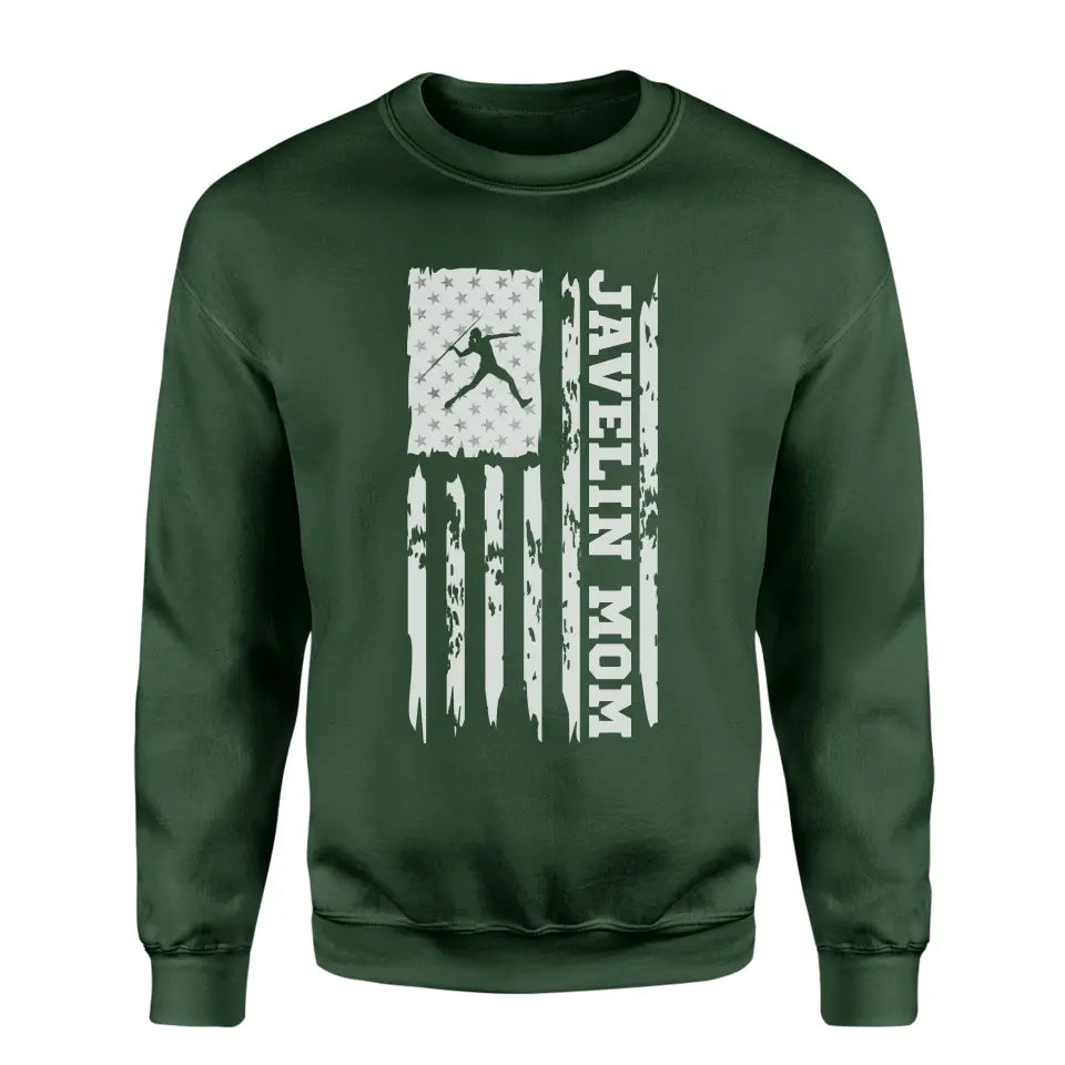 javelin mom vertical flag on a sweatshirt with a white graphic