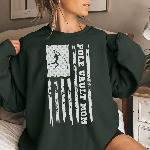 pole vault mom vertical flag on a sweatshirt with a white graphic