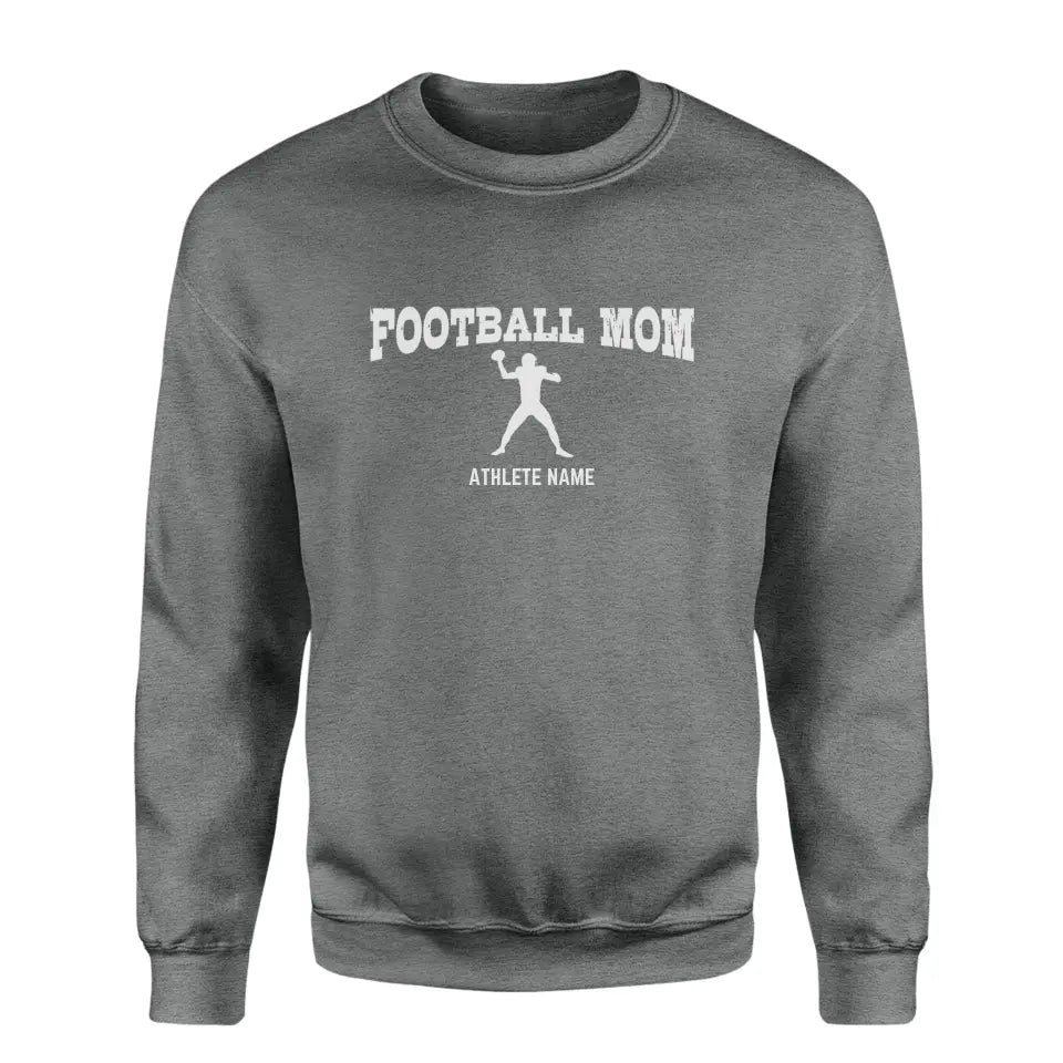 football mom with football player icon and football player name on a sweatshirt with a white graphic