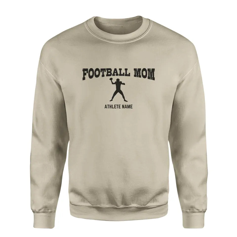 football mom with football player icon and football player name on a sweatshirt with a black graphic