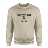 football mom with football player icon and football player name on a sweatshirt with a black graphic