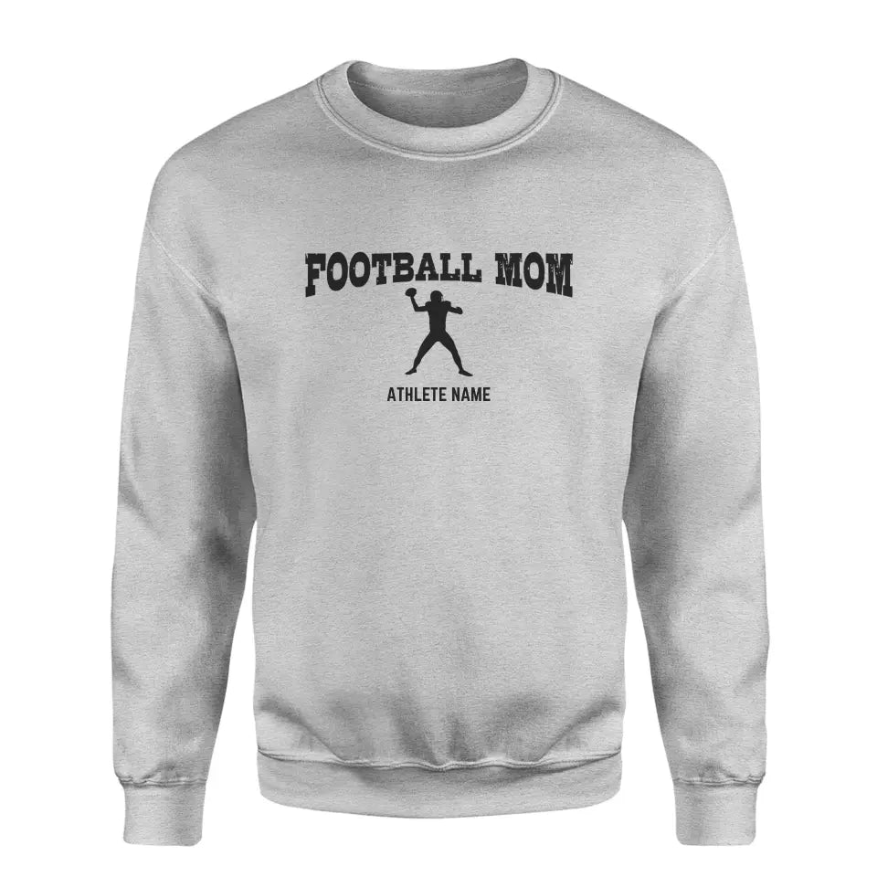 football mom with football player icon and football player name on a sweatshirt with a black graphic