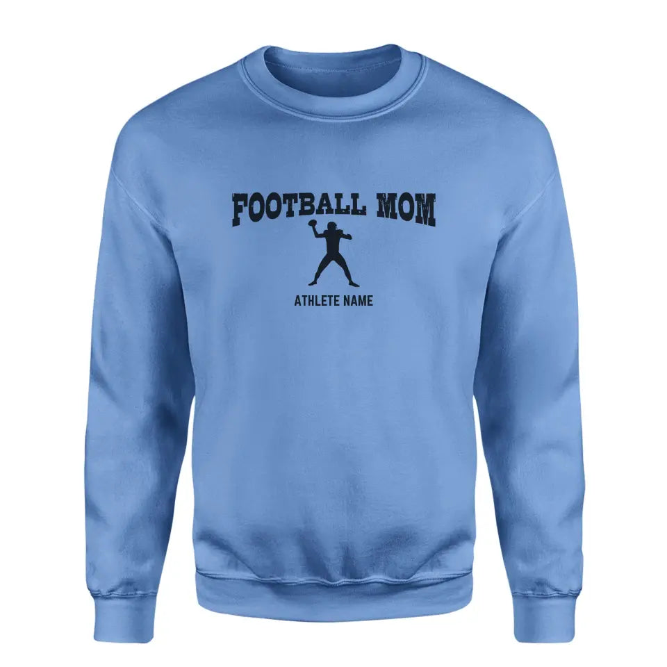 football mom with football player icon and football player name on a sweatshirt with a black graphic