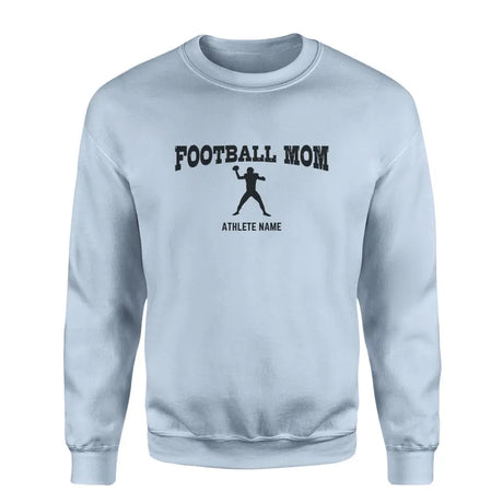 football mom with football player icon and football player name on a sweatshirt with a black graphic