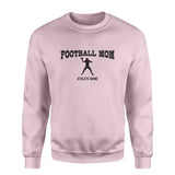 football mom with football player icon and football player name on a sweatshirt with a black graphic