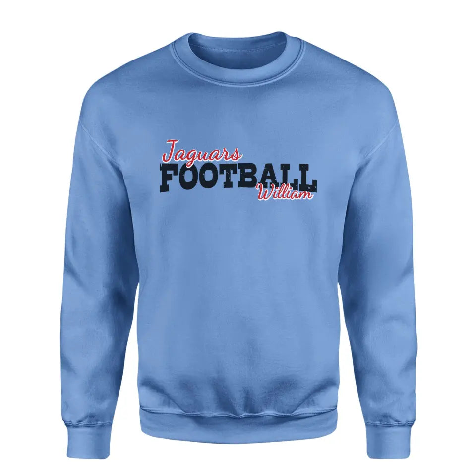 custom football mascot and football player name on a sweatshirt with a black graphic