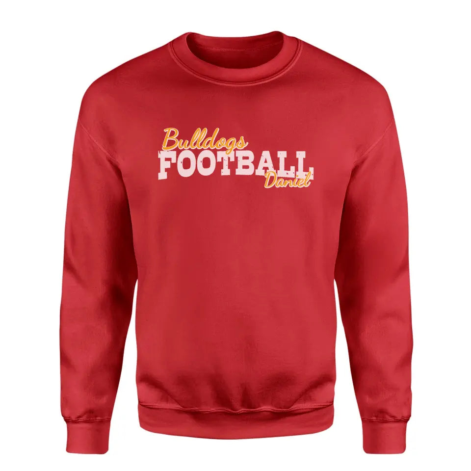 custom football mascot and football player name on a sweatshirt with a white graphic