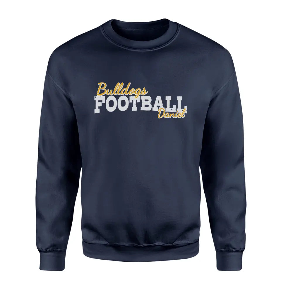 custom football mascot and football player name on a sweatshirt with a white graphic