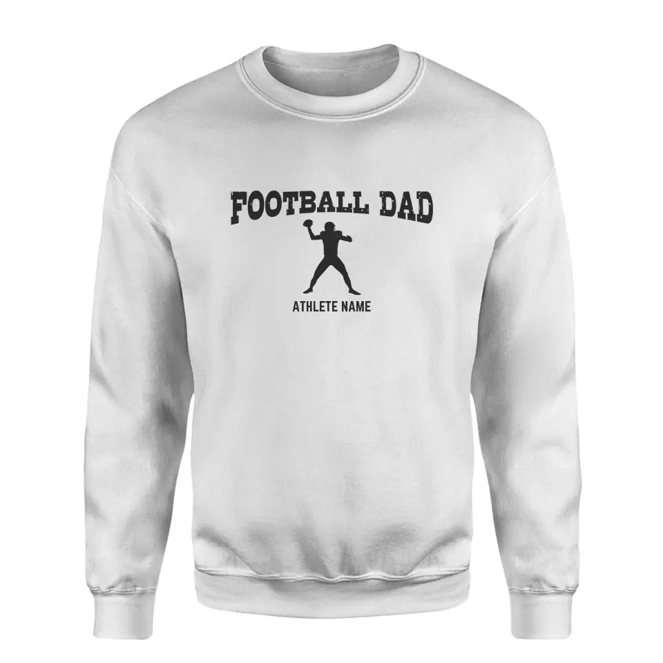 football dad with football player icon and football player name on a sweatshirt with a black graphic