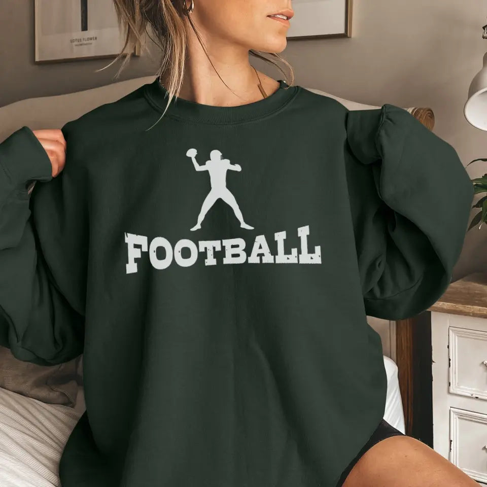 basic football with football player icon on a sweatshirt with a white graphic