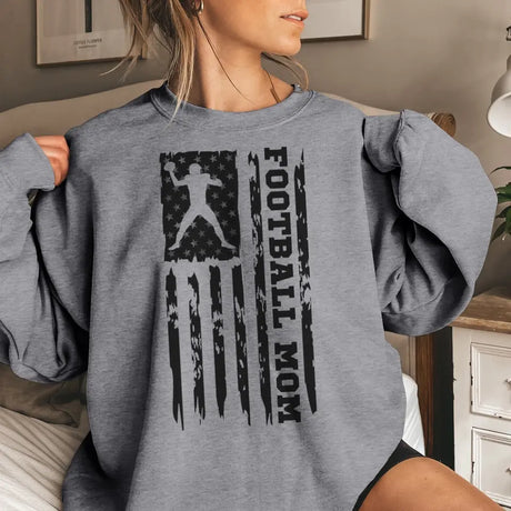 football mom vertical flag on a sweatshirt with a black graphic