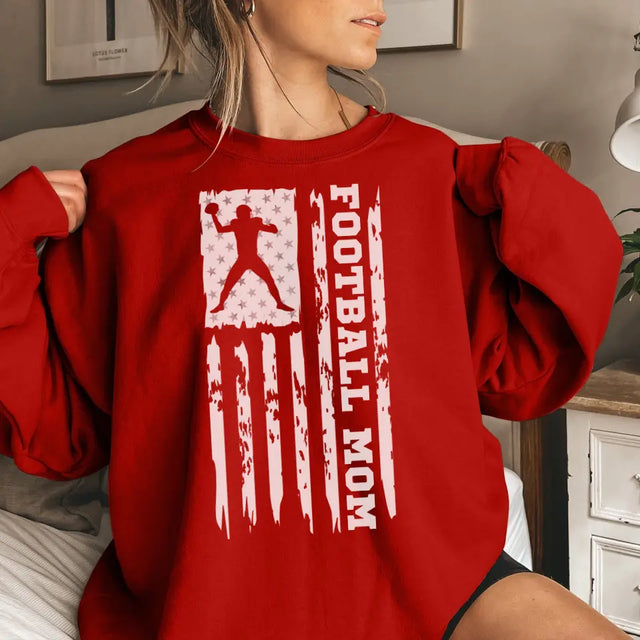 football mom vertical flag on a sweatshirt with a white graphic