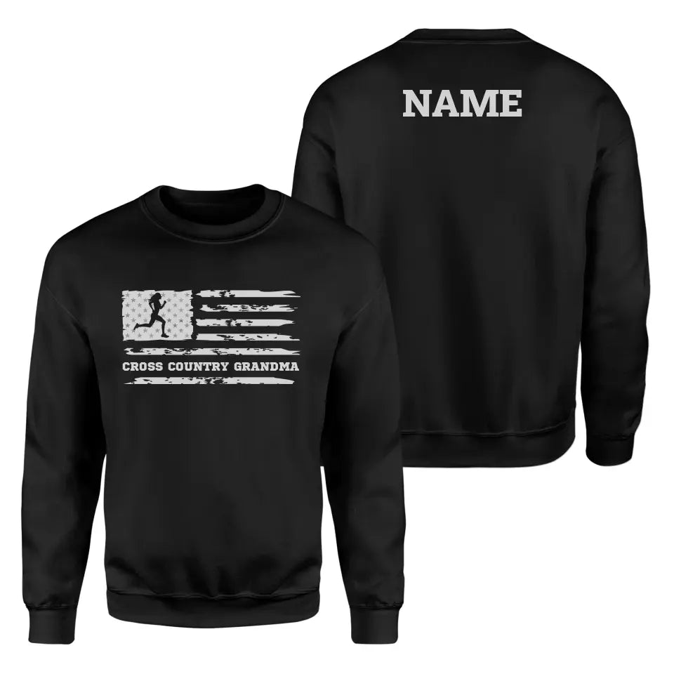 Cross Country Grandma Horizontal Flag With Cross Country Runner Name on a Sweatshirt with a White Graphic