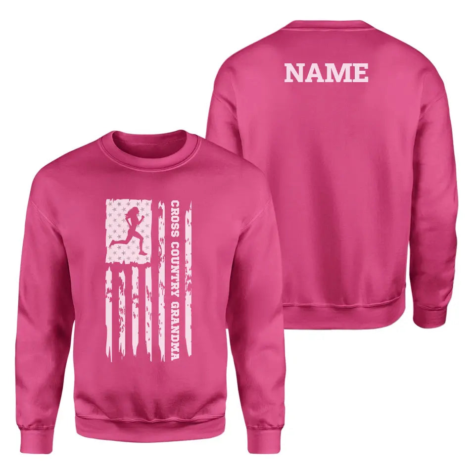 Cross Country Grandma Vertical Flag With Cross Country Runner Name on a Sweatshirt with a White Graphic