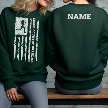 Cross Country Grandma Vertical Flag With Cross Country Runner Name on a Sweatshirt with a White Graphic