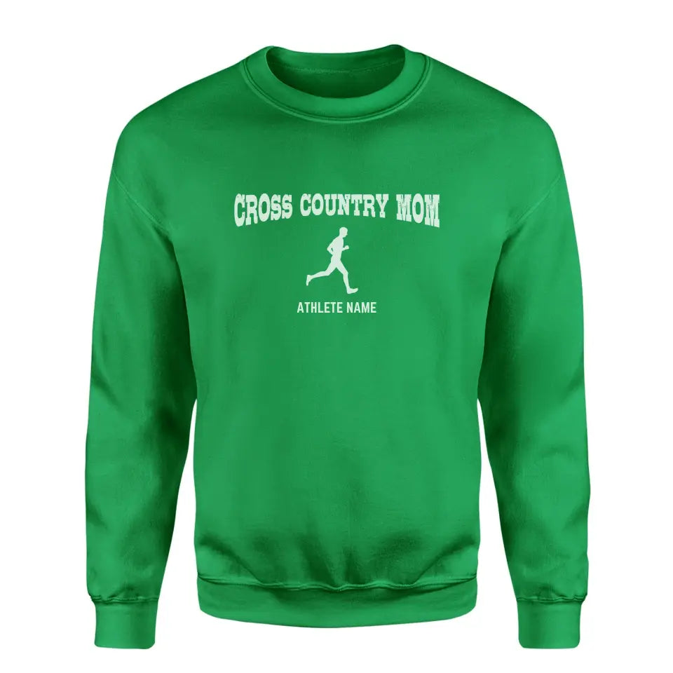 Cross Country Mom with Cross Country Runner Icon and Cross Country Runner Name on a Sweatshirt with a White Graphic