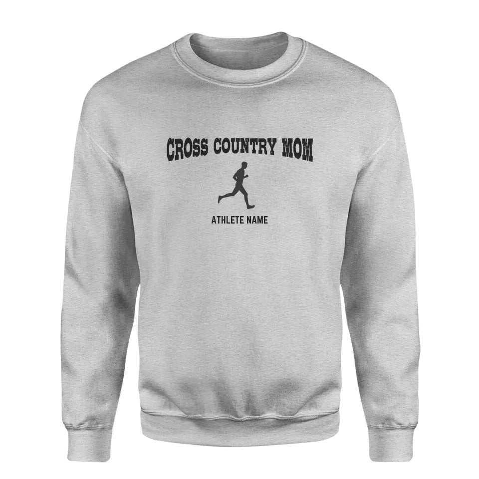 Cross Country Mom with Cross Country Runner Icon and Cross Country Runner Name on a Sweatshirt with a Black Graphic