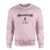 Cross Country Mom with Cross Country Runner Icon and Cross Country Runner Name on a Sweatshirt with a Black Graphic