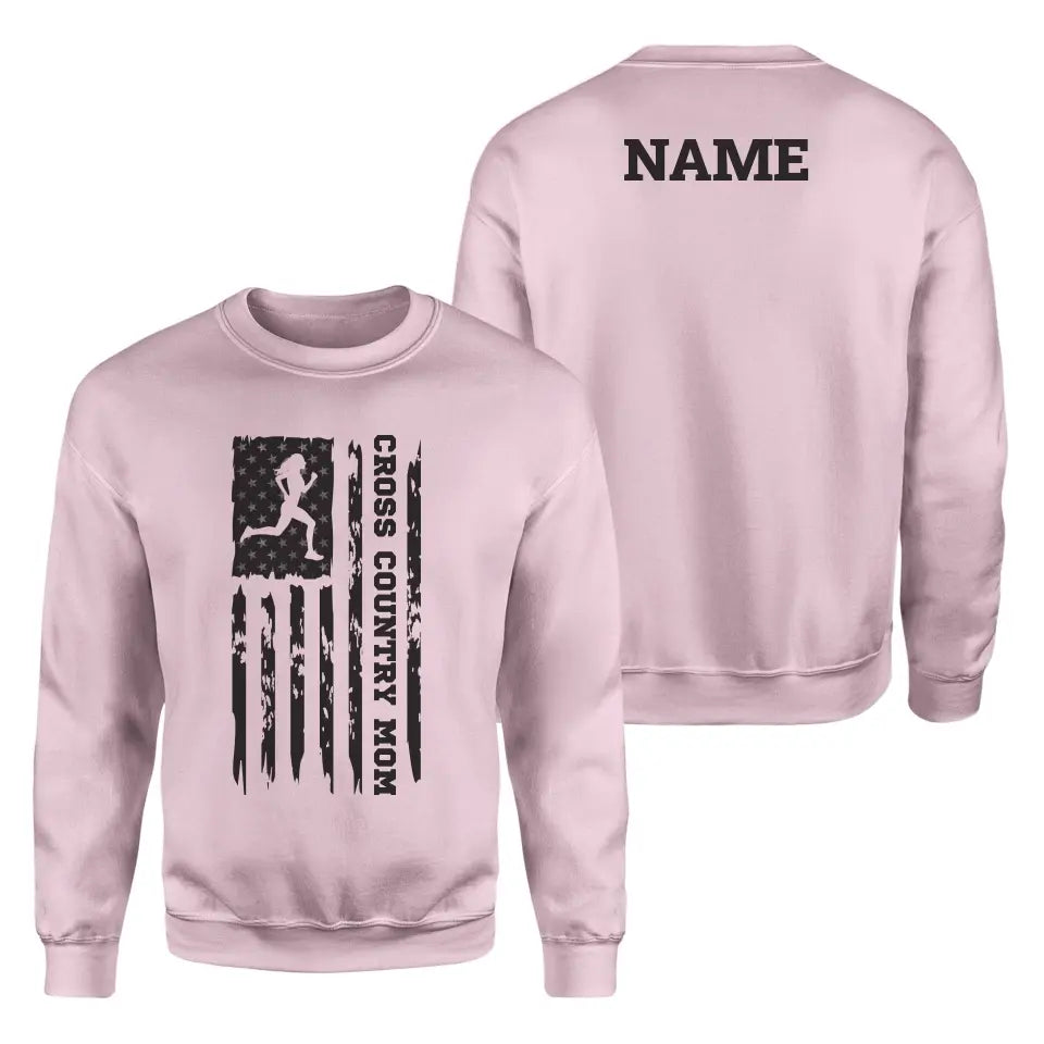 Cross Country Mom Vertical Flag With Cross Country Runner Name on a Sweatshirt with a Black Graphic