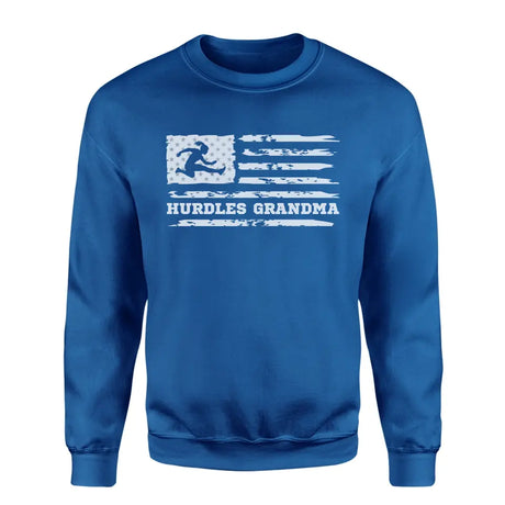 hurdles grandma horizontal flag on a sweatshirt with a white graphic