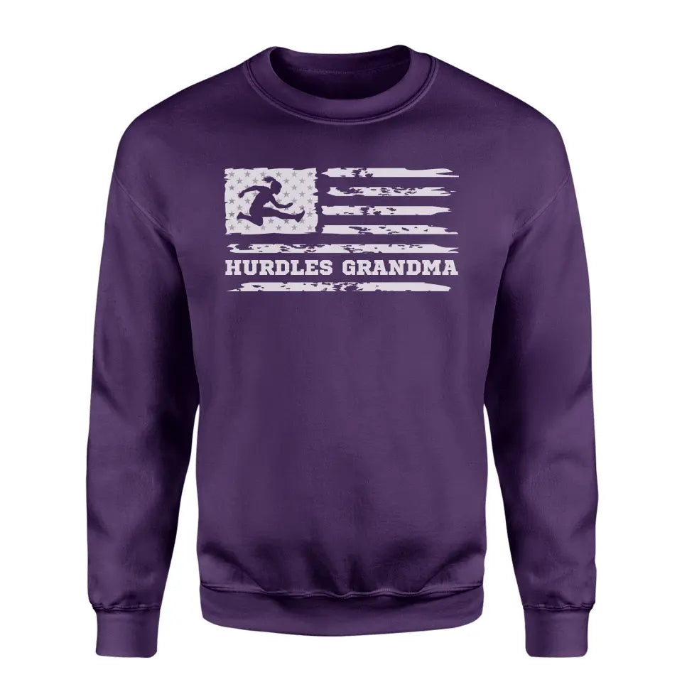 hurdles grandma horizontal flag on a sweatshirt with a white graphic