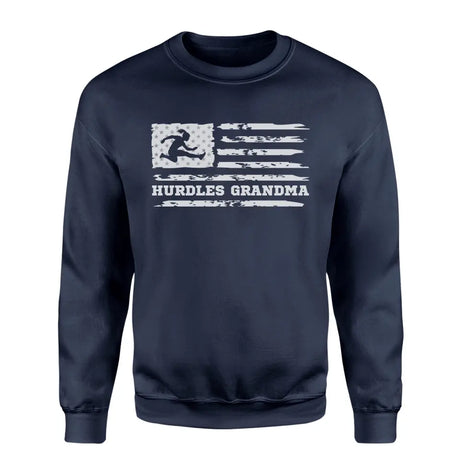 hurdles grandma horizontal flag on a sweatshirt with a white graphic